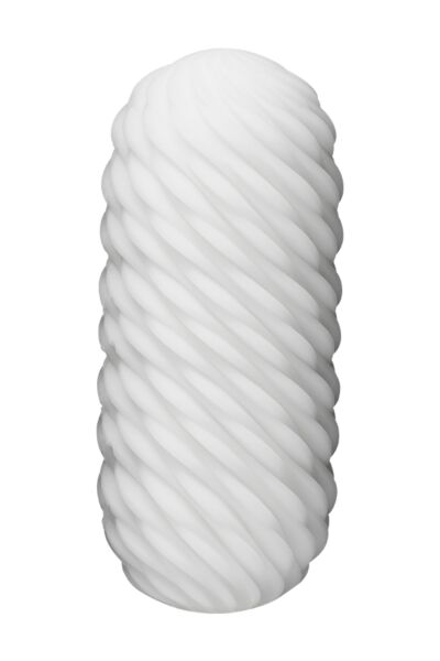 Masturbador TENGA 3Dx FLOW con relieves en ondas, junto a su soporte de secado