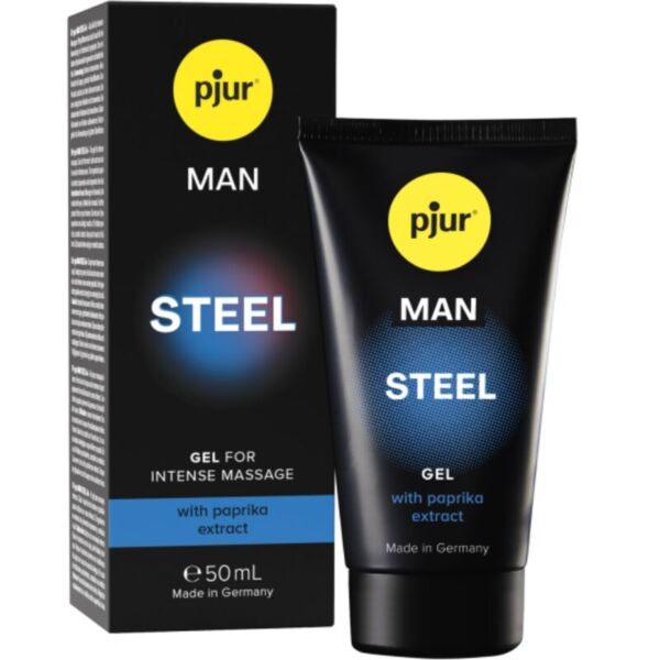 Envase de 50 ml del gel de masaje Pjur Man Steel