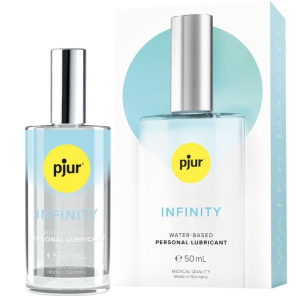 Frasco de vidrio del lubricante pjur Infinity Water-Based de 50 ml, con su caja