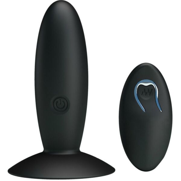 Plug vibrante Pretty Love con mando, en negro, junto a su mando a distancia