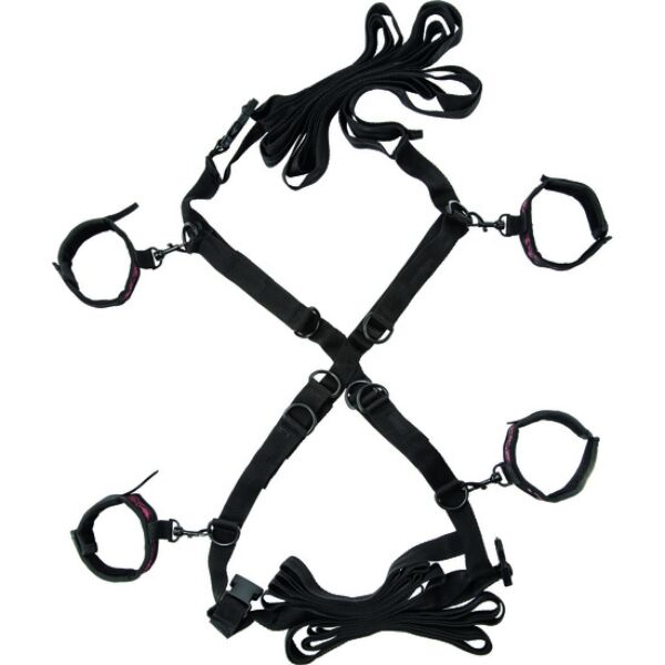 Kit de bondage CalExotics Scandal Over the Bed Cross, con sus correas y esposas de felpa