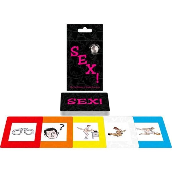 Juego de cartas Kheper Games International Sex! con su caja y algunas cartas ilustradas