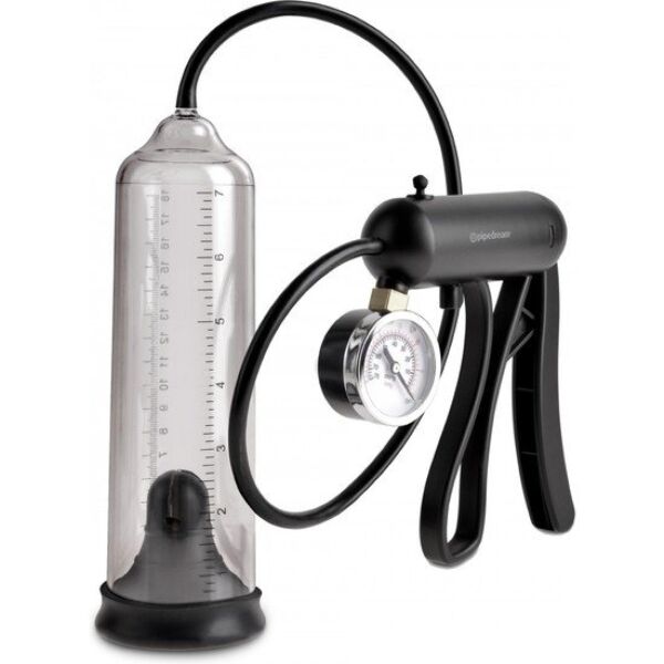 Bomba de pene Pump Worx Pro-Gauge de Pipedream, con cilindro transparente, manguera y mango con manómetro