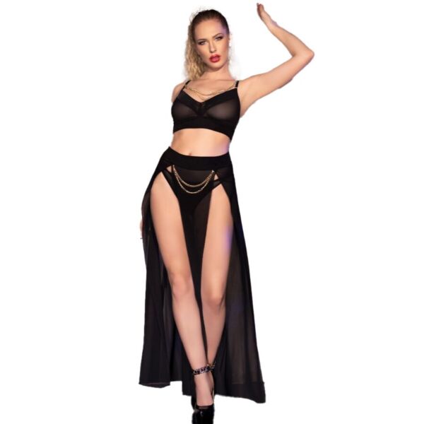 Conjunto de lencería Chilirose CR 4672 negro, con top, falda y tanga con cadenas doradas