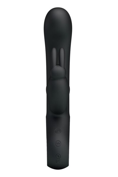 Vibrador rabbit Party Up Colin en negro, con su eje curvo y el brazo en forma de conejito