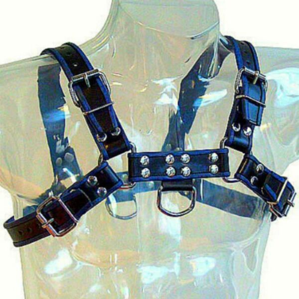 Arnés para hombre Leather Body Chest Bulldog en azul y negro, con correas y cadenas de metal
