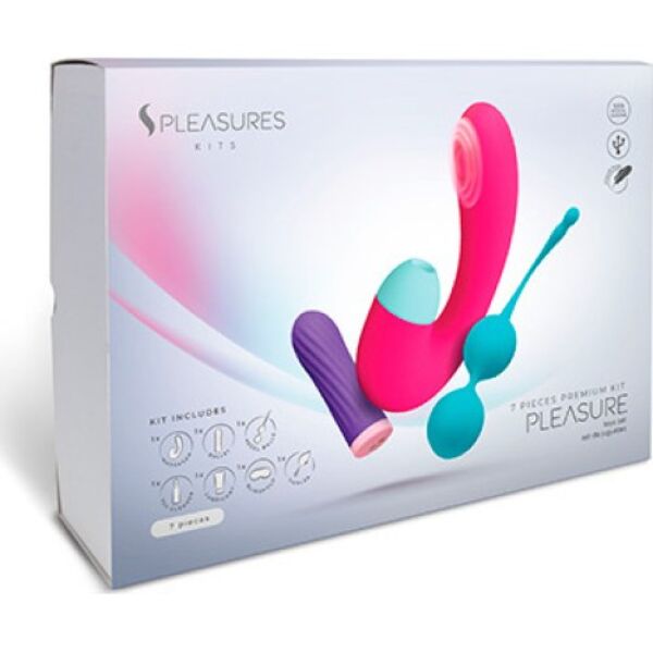 Kit S Pleasures Pleasure Kit con bala vibradora, doble estimulador, bolas Kegel, lubricante, limpiador, pluma y antifaz