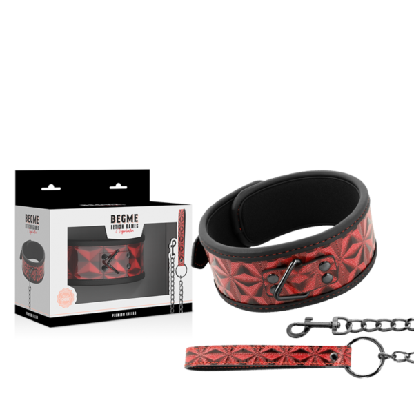 Collar BDSM Begme Red Edition de cuero vegano con cadena de metal, aro para el cuello y correa
