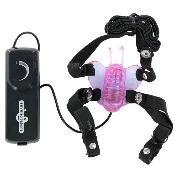 Estimulador clitoriano Seven Creations Butterfly con forma de mariposa, correas y mando conectado por cable