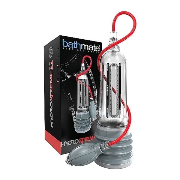 Bomba de agua para el pene Bathmate Hydroxtreme 11, transparente con detalles grises y rojos, con su pera de mano
