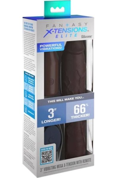 Funda de pene Pipedream Fantasy X-tensions Elite Mega X-tension Brown de color marrón con extensión vibratoria y mando