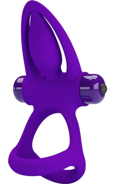 Anillo vibrador Pretty Love BI-210306 con su estimulador de cerdas y punta en forma de delfín