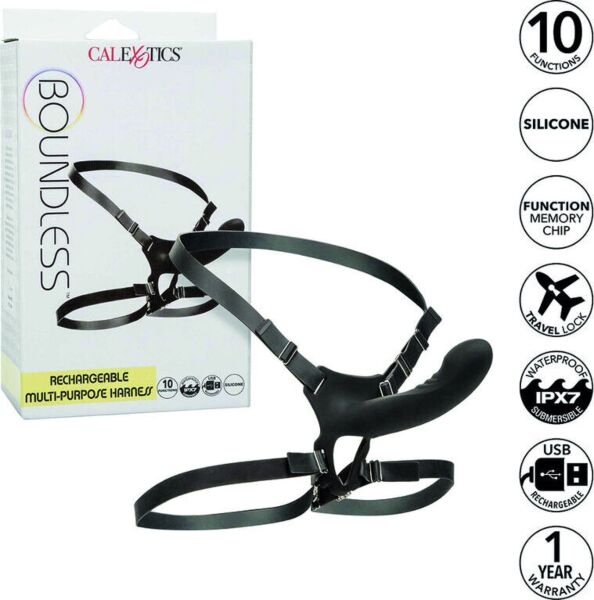 Arnés CalExotics Boundless con sonda de punta curvada y correas de cintura y muslo