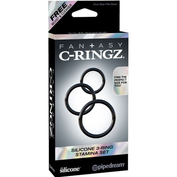 Tres anillos negros Pipedream Fantasy C-Ringz Stamina para pene y testículos