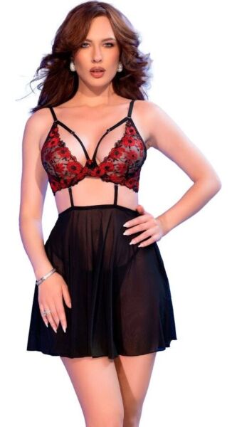 Babydoll Chilirose CR 4869 con sujetador bordado, falda de tul y tanga