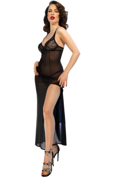 Camisón largo de encaje negro Chilirose CR 4723 con su tanga a juego
