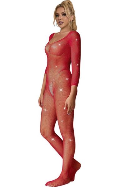 Bodystocking Subblime de rejilla roja con dibujo de diamantes y manga larga