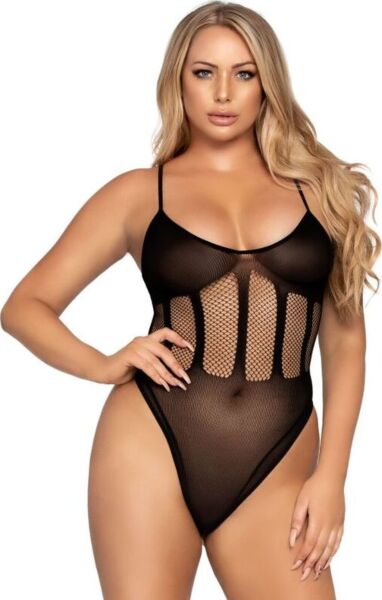 Conjunto Leg Avenue Flawless Bodysuit & Skirt en negro: body opaco con red en la cintura y falda de tubo de red