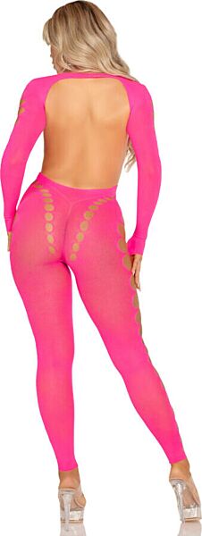 Bodystocking Leg Avenue Reckless Intentions en rosa neón, con espalda abierta y aberturas