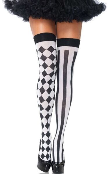 Medias hasta el muslo Leg Avenue Harlequin con estampado de rombos negros y blancos