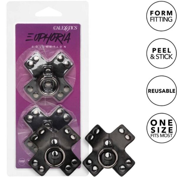 Pezoneras adhesivas CalExotics Euphoria O-Ring en negro, con aro y remaches metálicos