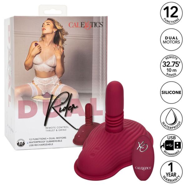 Masajeador para montar CalExotics Dual Rider Thrust & Grind en rojo, con su mando a distancia