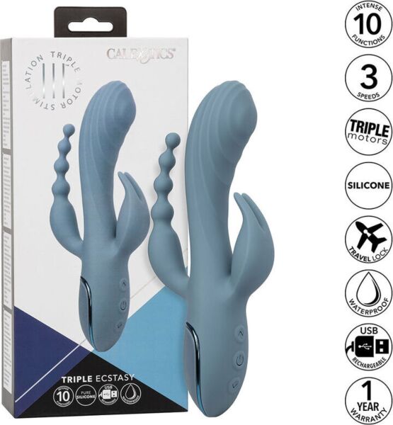 Vibrador rabbit CalExotics III Triple Ecstasy azul, con eje, estimulador y cola de bolitas