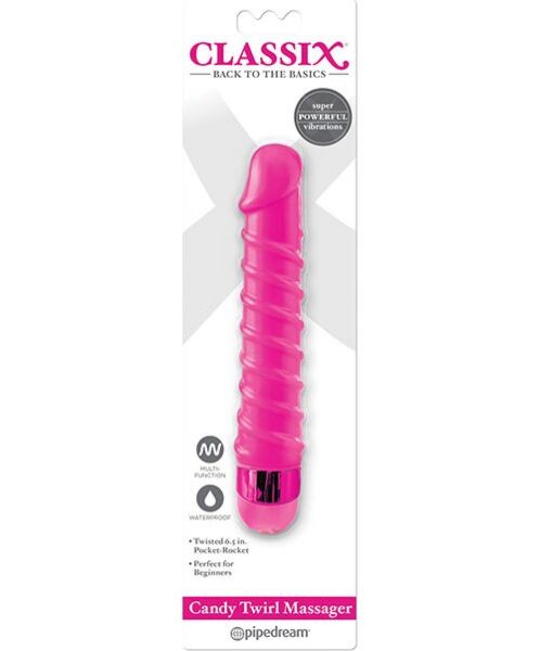 Vibrador Pipedream Candy Twirl rosa, con cuerpo estriado en espiral y dial en la base