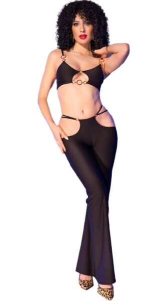 Conjunto de lencería Chilirose CR 4851, top negro con anillos dorados y leggings con cortes laterales