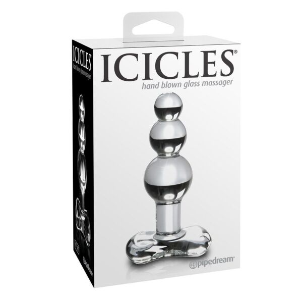 Plug anal de vidrio Pipedream Icicles N. 47, con cuerpo curvado y anillo en la base