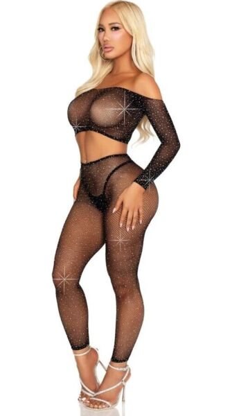 Conjunto Leg Avenue Captivating Crush en negro, top corto y leggings de rejilla con pedrería