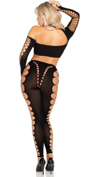 Conjunto Leg Avenue Notorious de top corto asimétrico y leggings sin pie, en negro