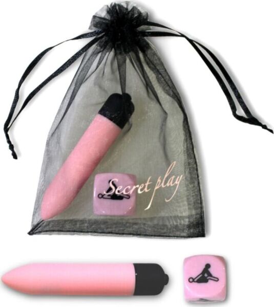 Secret Play Kit Sensual Feelings, con la bala vibradora rosa, el dado de posturas rosa y la bolsita de organza