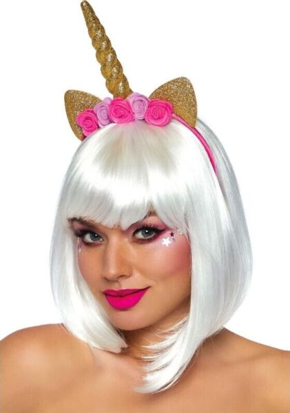 Diadema de unicornio Leg Avenue Golden Unicorn Flower, con cuerno dorado en espiral, orejas brillantes y rosas de color rosa