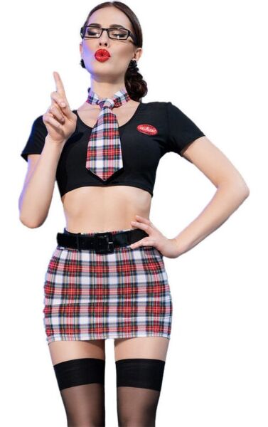 Disfraz de colegiala Chilirose CR 4425 con top negro, minifalda de cuadros, corbata, gafas y medias