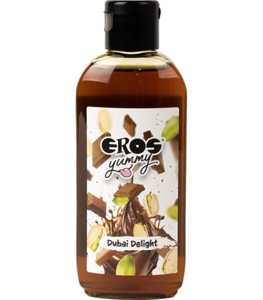 Bote de 100 ml del lubricante Eros Yummy Dubai Delight, sabor chocolate y pistacho