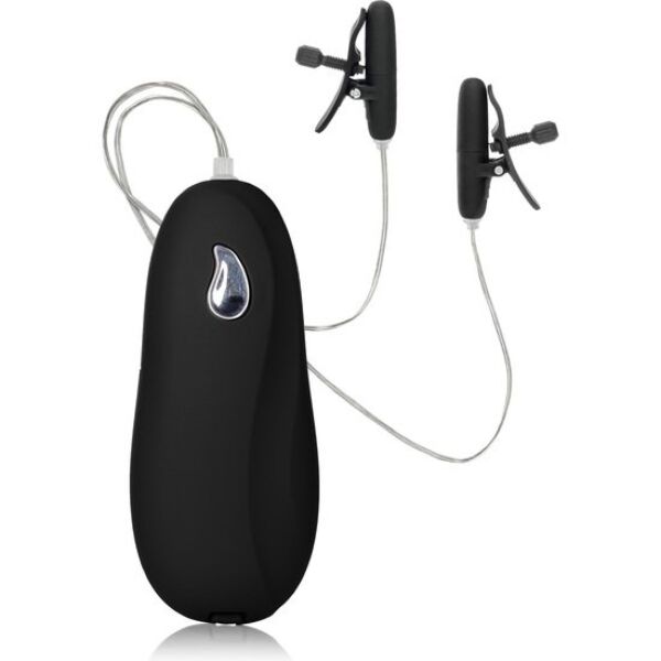 Pinzas negras Nipple Play Heated Teasers Black de CalExotics con tornillos de ajuste y mando