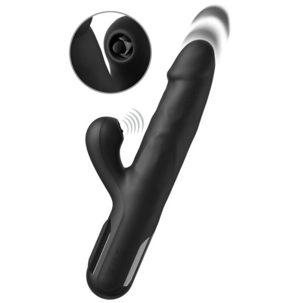 Vibrador rabbit negro Pipedream Sonix Silicone Thruster con cuerpo texturizado y brazo clitoriano con lengüetas
