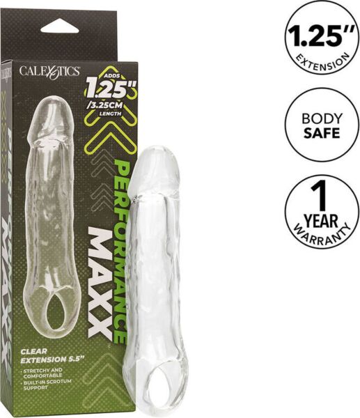 Funda extensora transparente CalExotics Performance Maxx Clear Extension 5,5, con su correa para el escroto
