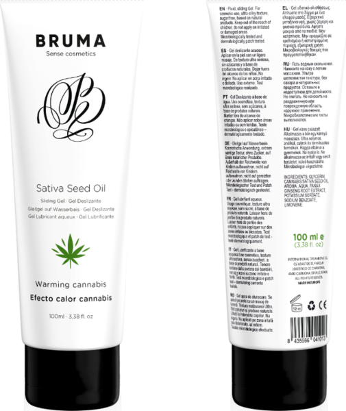 Gel lubricante Bruma Cannabis con sabor a cannabis y efecto calor, en formato de 6 ml y de 100 ml
