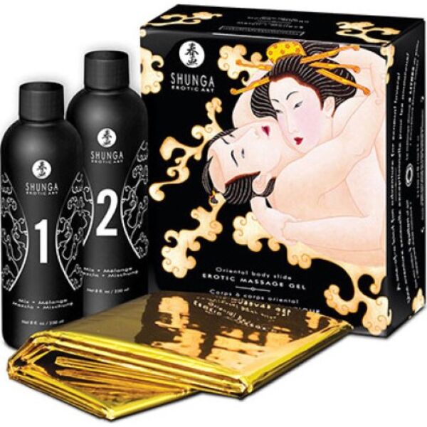 Kit de gel de masaje cuerpo a cuerpo Shunga Oriental con su sábana dorada