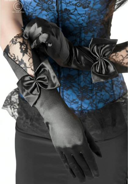 Guantes de lencería Chilirose CR 3252 de raso negro con encaje y lazo