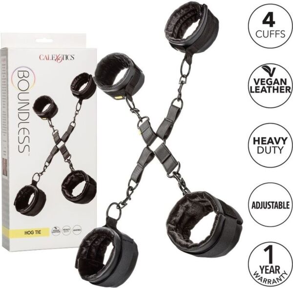 Juego de ataduras CalExotics Boundless Hog Tie, con sus cuatro puños y el conector
