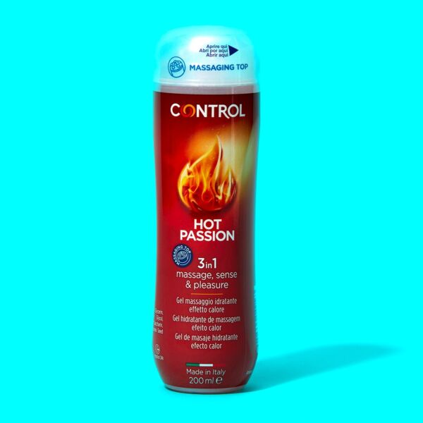 Envase de 200 ml del gel de masaje Control Hot Passion con su gorro de 5 bolas