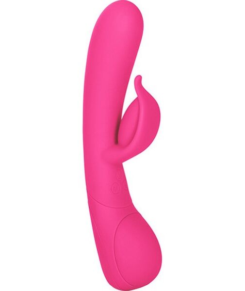 Vibrador rabbit Calexotics Impress Dove en color rosa, con su eje y su estimulador de clítoris