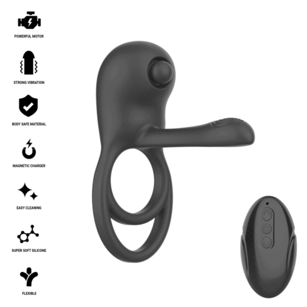 Anillo vibrador Intense Spike de color negro, con su estimulador de clítoris y su mando a distancia