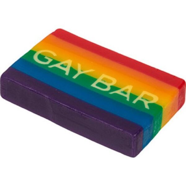 Jabón Out Of The Blue Gay Bar con los colores del arcoíris y «GAY BAR» escrito en la cara