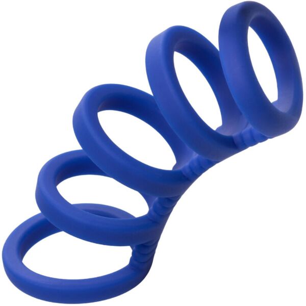Jaula para pene CalExotics Admiral Xtreme de silicona azul, con sus anillos graduados