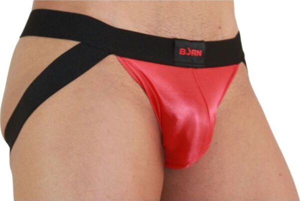 Jockstrap Burn 010 Jock rojo y negro, con transparencias y detalles brillantes