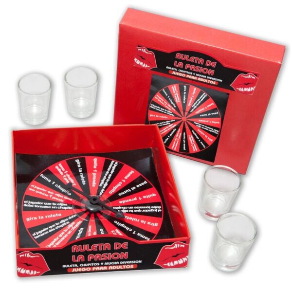 Juego de chupitos Diablo Picante Ruleta de la Pasión, con la ruleta y los 4 vasos